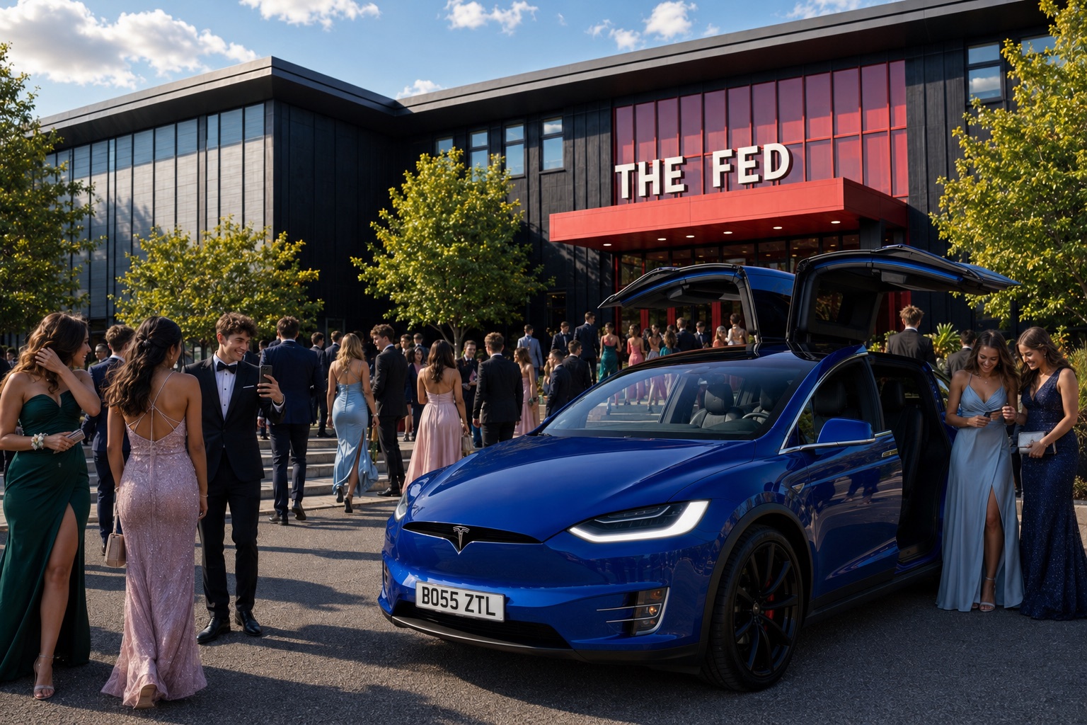 Students arriving at prom in a blue Tesla Model X outside The Fed, Gateshead.