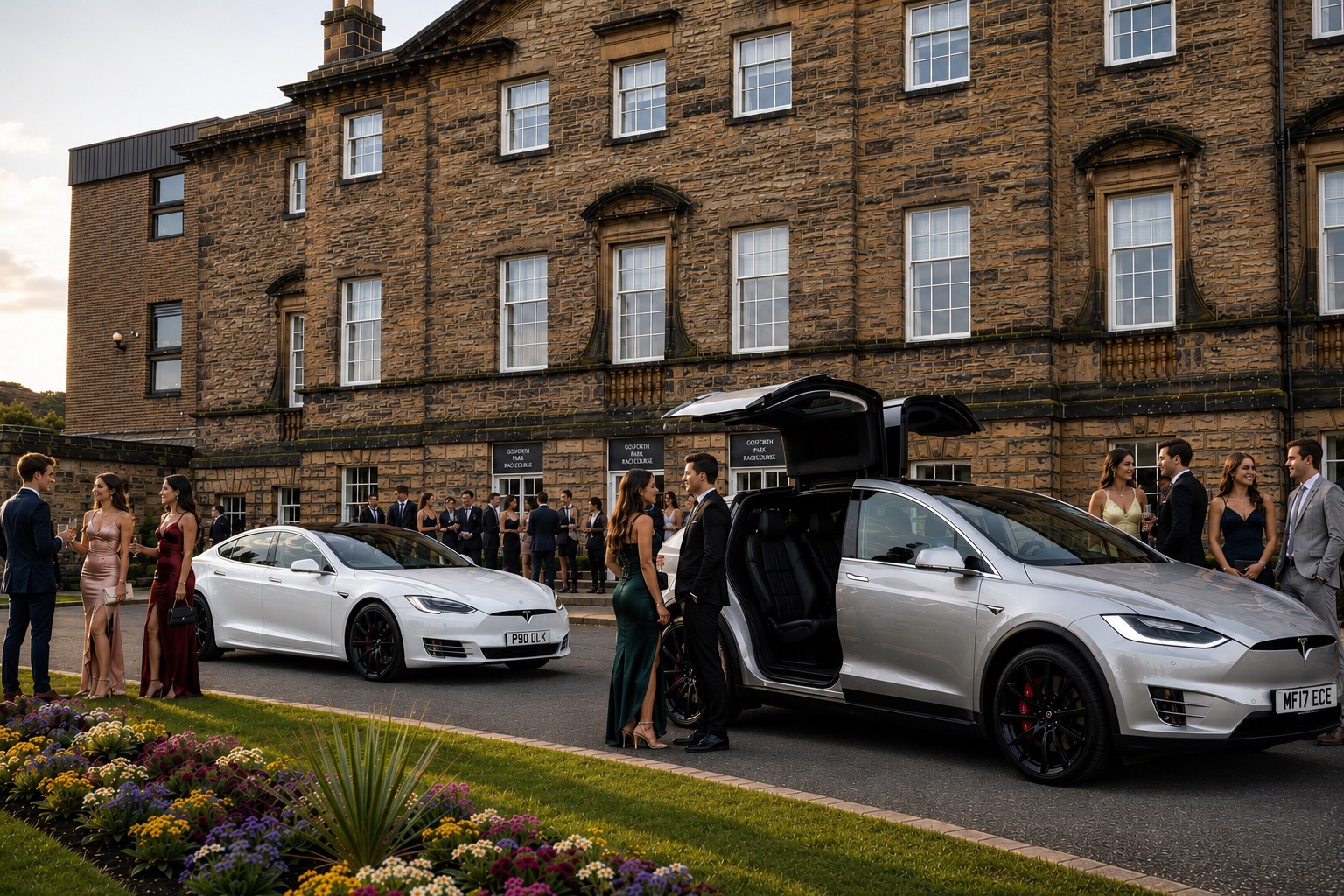 Smartly dressed racegoers arriving in a silver Tesla Model X, its Falcon Wing doors raised, outside a UK racecourse.